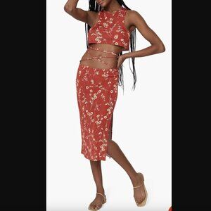 Danielle Bernstein by We Wore What Red Floral Crop Tank + Midi Skirt Set M